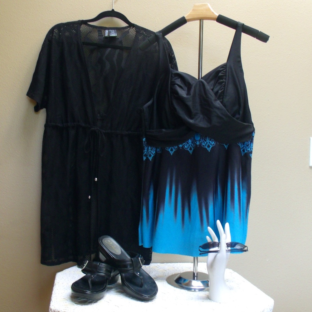 Hanna Nikole Black Turquoise Blue Tankini Top Sz 18W - Picture 5 of 11